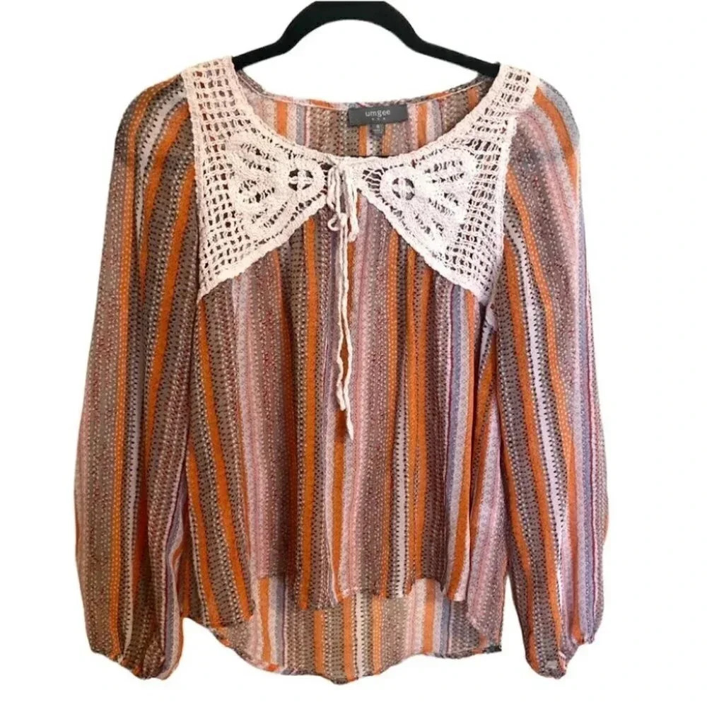 Umgee Boho Striped and Crochet Tie Neck Sheer Blouse Size S
